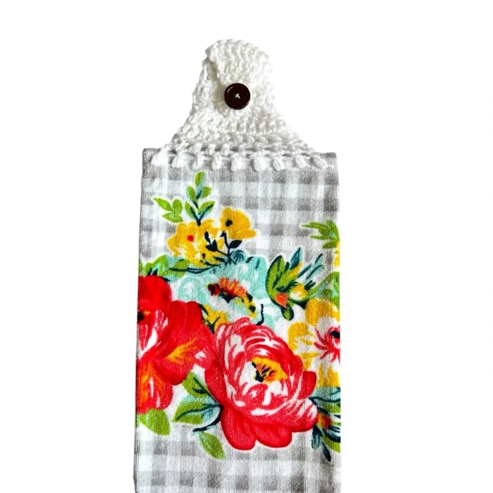 Hand Crafted Floral Red Hanging Kitchen Hand Towel Crochet Top